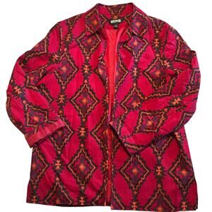 Kasper Red Southwestern Aztec Print Linen Rayon Blend Open Front Blazer Size 14